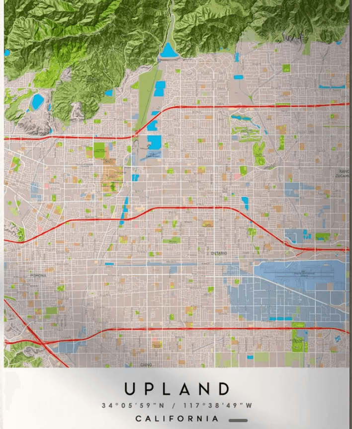 Illustrated map poster of Upland and the nearby Inland Empire cities Upland Movers serves