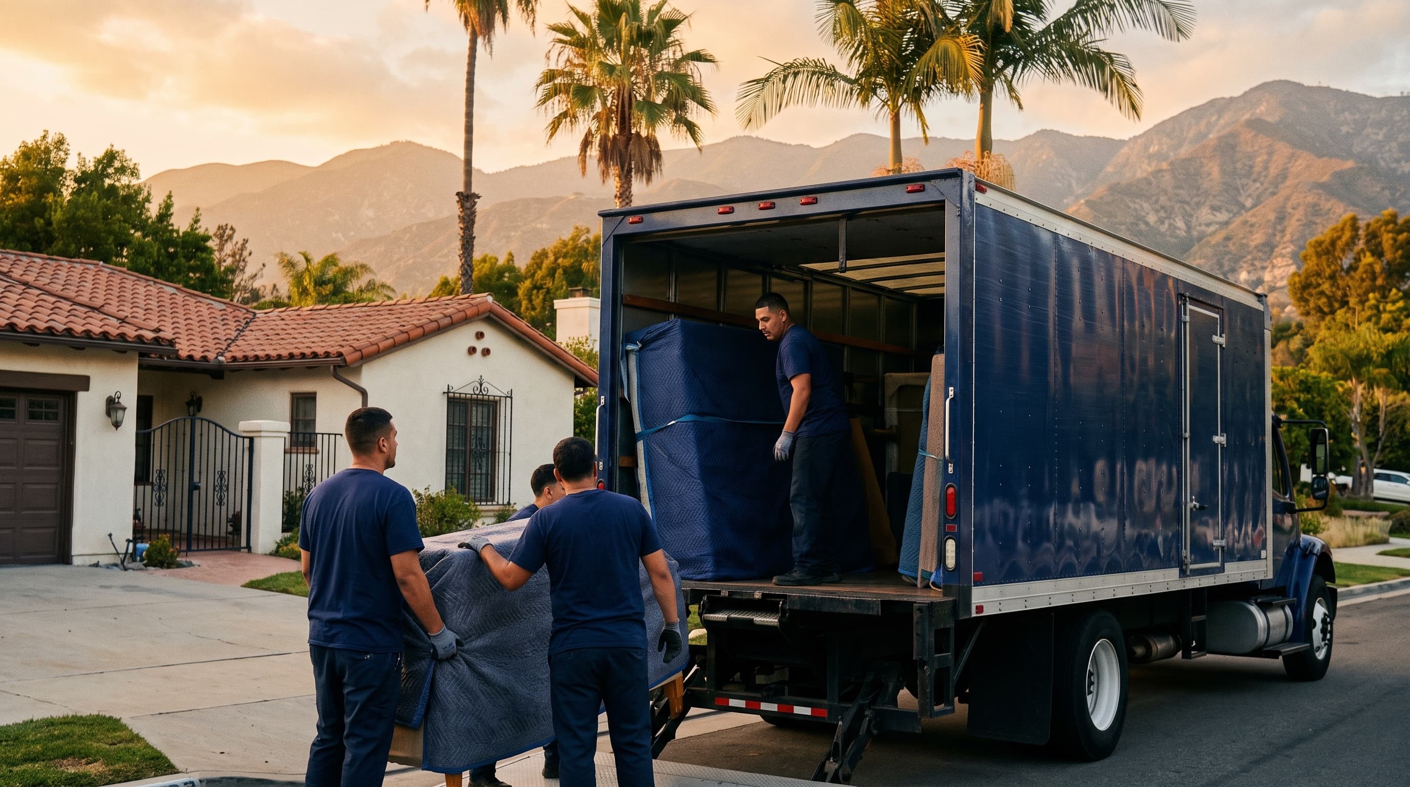 Upland Movers crew loading pad-wrapped furniture into a moving truck outside an Upland home